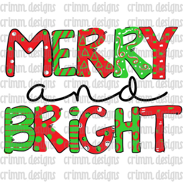 Merry and Bright Doodle Letters Sublimation Design Download